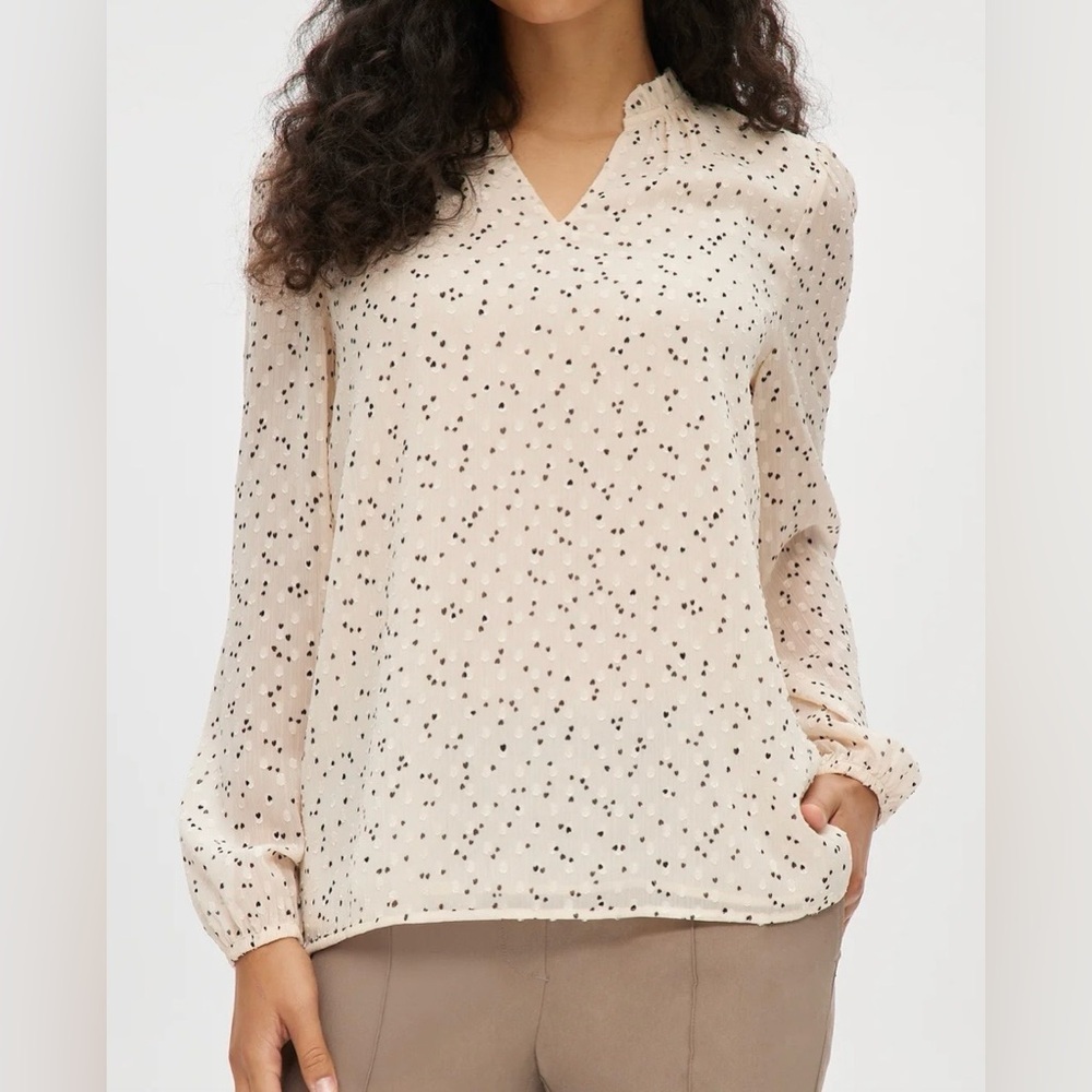 Hilary Radley Cream Blouse with Black Little Heart Print Women